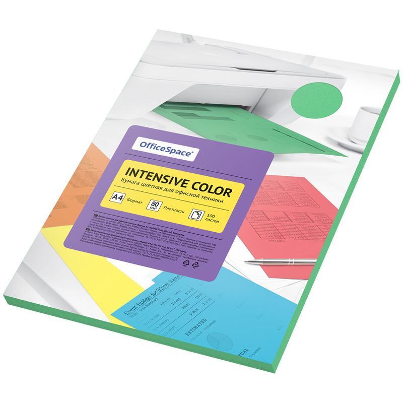 Бумага цветная OfficeSpace "Intensive Color", А4,80г/м2, 100л., (зеленый) РОССИЯ OfficeSpace Спейс  ТНВЭД 4802562000
