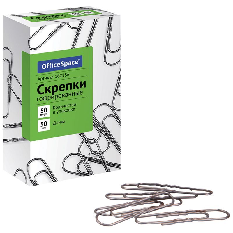 Скрепки 50мм, OfficeSpace, 50шт., гофрированные, карт. упаковка РОССИЯ OfficeSpace Спейс  ТНВЭД 8305900000