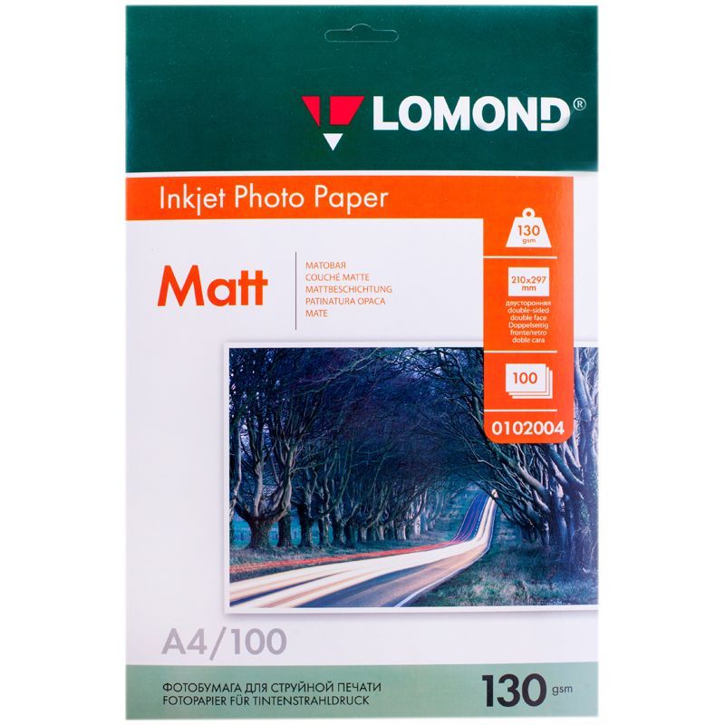 Фотобумага А4 для стр. принтеров Lomond, 130г/м2 (100л) матовая двусторонняя РОССИЯ Lomond Lomond  ТНВЭД 4810140000