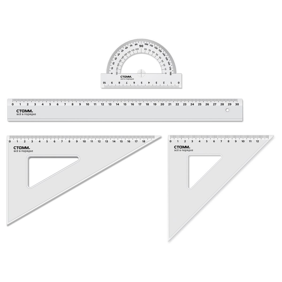 Набор чертежный СТАММ, размер L (линейка 30см, 2 треугольника, транспортир), прозрачный, бесцветный, европодвес РОССИЯ СТАММ СТАММ  ТНВЭД 9017201000