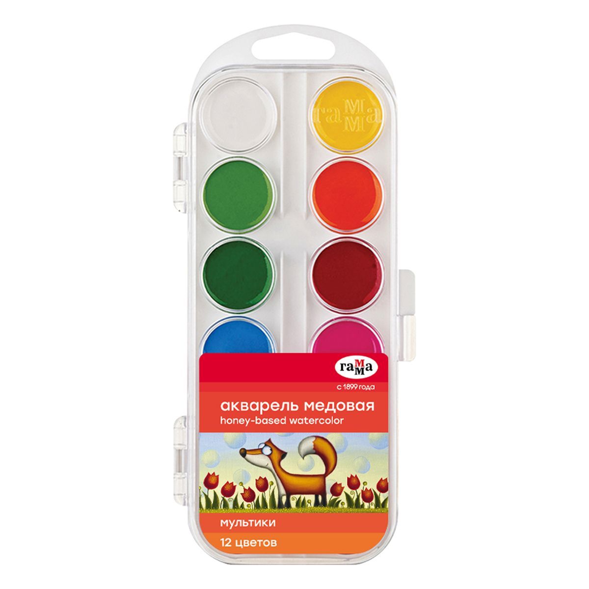Акварель Гамма "Мультики" NEW, медовая, 12 цветов,без кисти, пластик. упак., европодвес РОССИЯ Гамма Гамма_детство/школа  ТНВЭД 3213100000