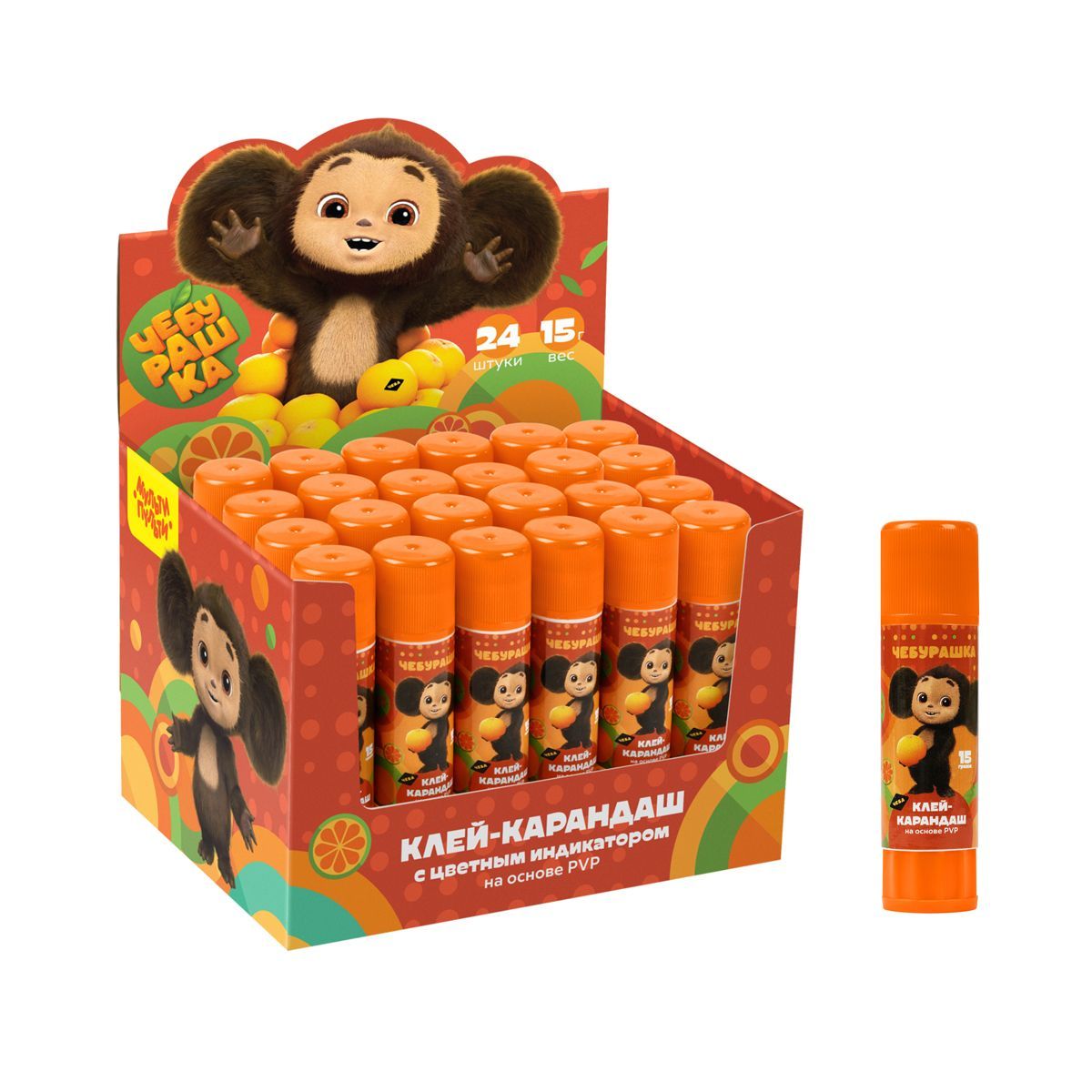Клей-карандаш Мульти-Пульти "Чебурашка", 15г, с цветным индикатором, ПВП КИТАЙ Мульти-Пульти Мульти-Пульти 10702070/311023/3441502/1 ТНВЭД 3506100000