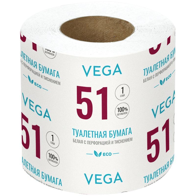Бумага туалетная Vega, 1-слойная, 51м/рул., на втулке, с перф., с тиснением, белая РОССИЯ Vega Vega  ТНВЭД 4818101000