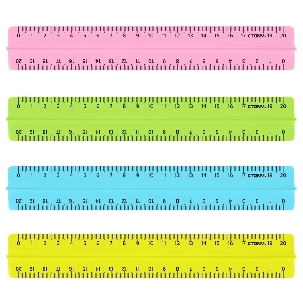 Линейка 20см СТАММ, пластиковая, с держателем, прозрачная, неоновые цвета, ассорти