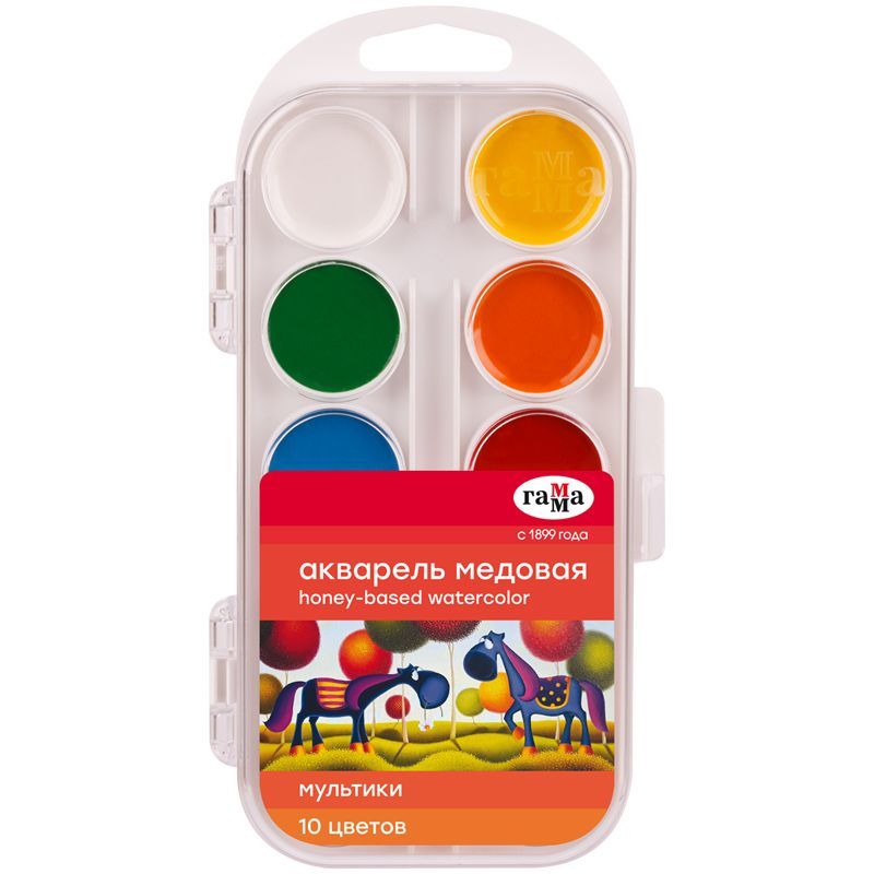 Акварель Гамма "Мультики" NEW, медовая, 10 цветов,без кисти, пластик. упак., европодвес РОССИЯ Гамма Гамма_детство/школа  ТНВЭД 3213100000