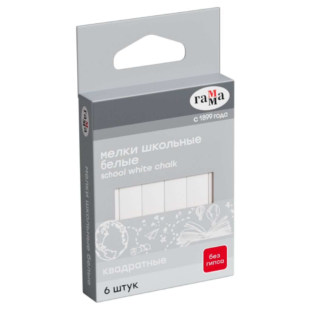 Мелки школьные Гамма, белые, 06шт., мягкие, квадратные, картонная упаковка, европодвес РОССИЯ Гамма Гамма_детство/школа  ТНВЭД 9609909000